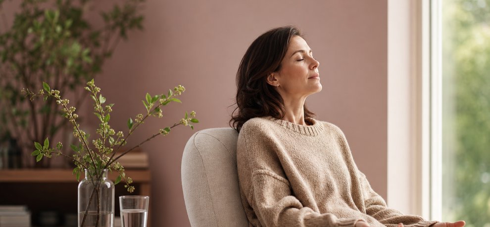Femme assise près d'une fenêtre, les yeux fermés, prenant un temps de pause pour apaiser sa charge mentale