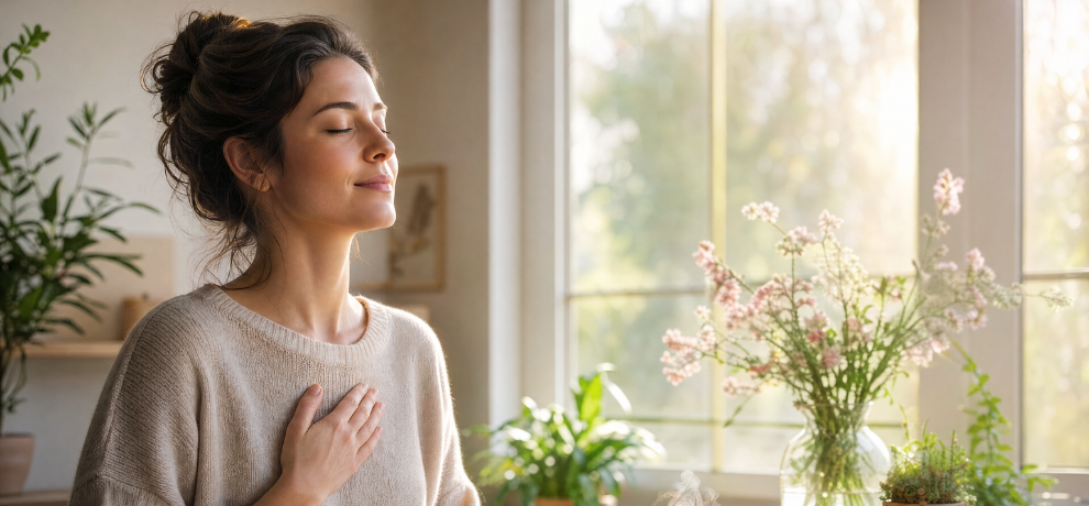 Femme sereine respirant calmement à la lumière du matin, illustrant la régulation naturelle du cortisol et la gestion du stress